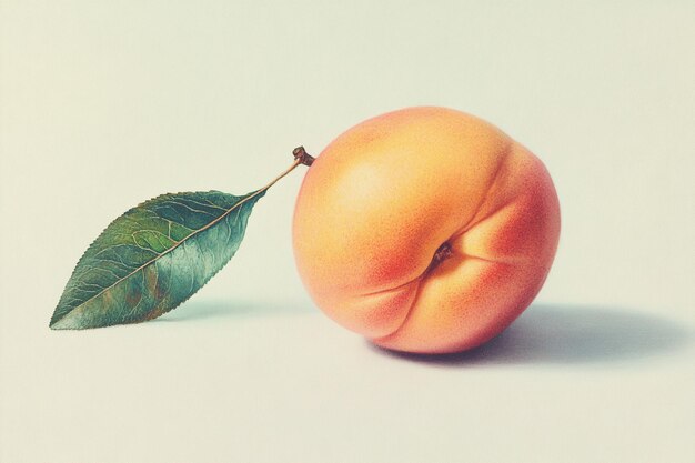 Peach with a delicate stem and leaf softly resting on a white surface