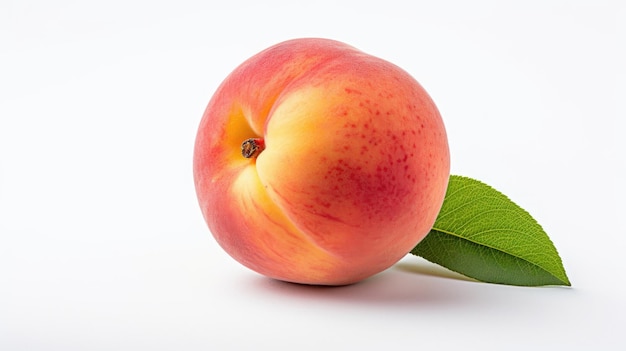 A peach with a green leaf that says " peach ".