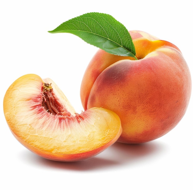 Peach with half slice isolated on white background