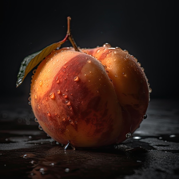 A peach with a leaf on it is on a black surface