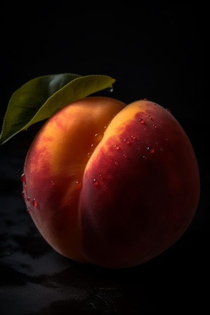 A peach with a leaf on it