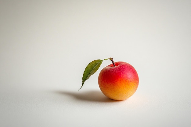 Peach with a leaf still attached softly resting on a white background