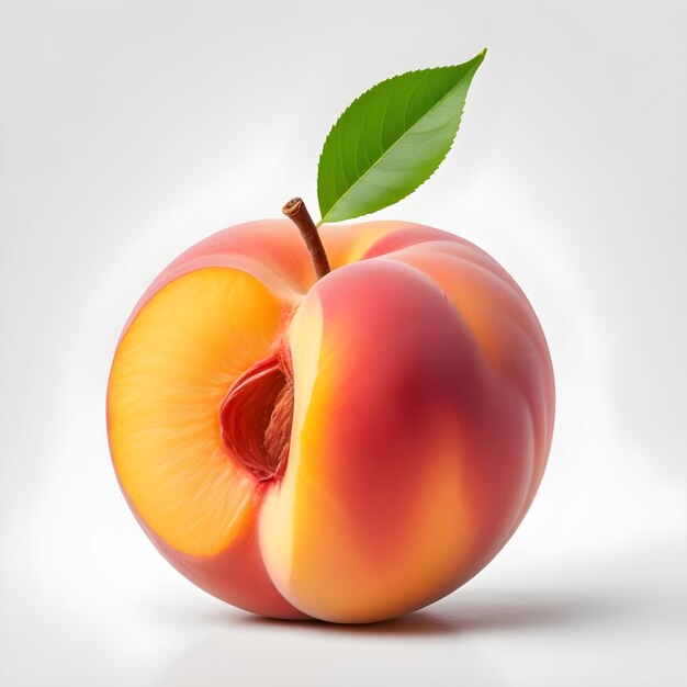 a peach with a leaf that sayspeachon it