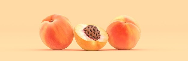 Peach on a yellow background, 3d illustration