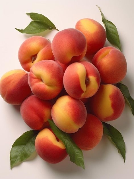 Peaches are on a white surface with leaves.