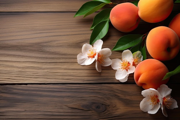 Peaches and flowers on a wooden table