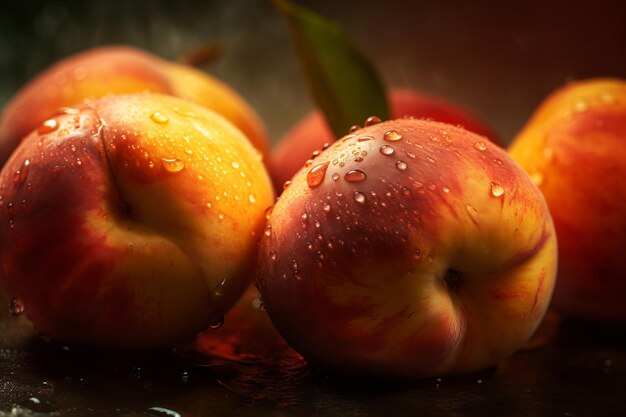 Peaches in a pan with water drops on them