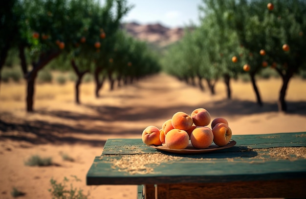 Peaches on the table in the garden Generative AI