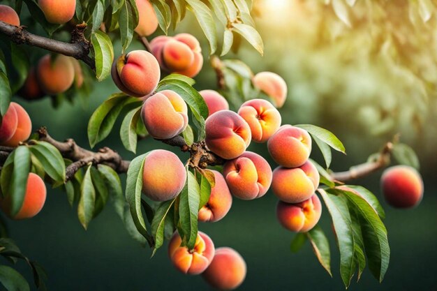 peaches on a tree with the sun shining through the leaves