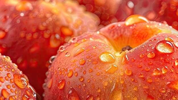 peaches in water drops closeup Selective focus