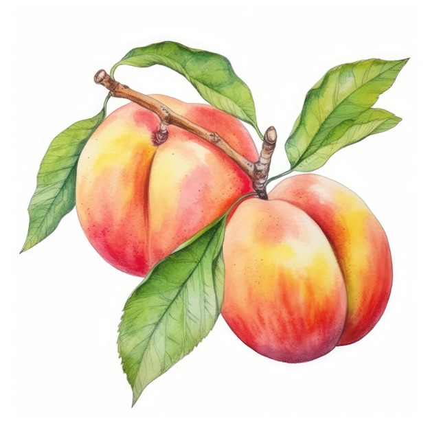 Peaches in watercolor style with ink outline on white background generative AI