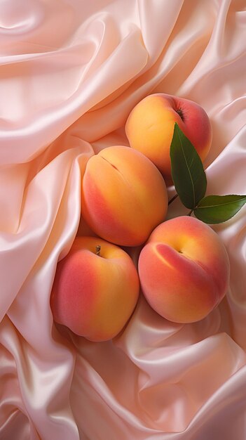 Peaches on a white cloth with a green leaf on top generative ai