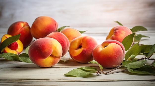 Peaches on a wooden table on a light background Generated ai