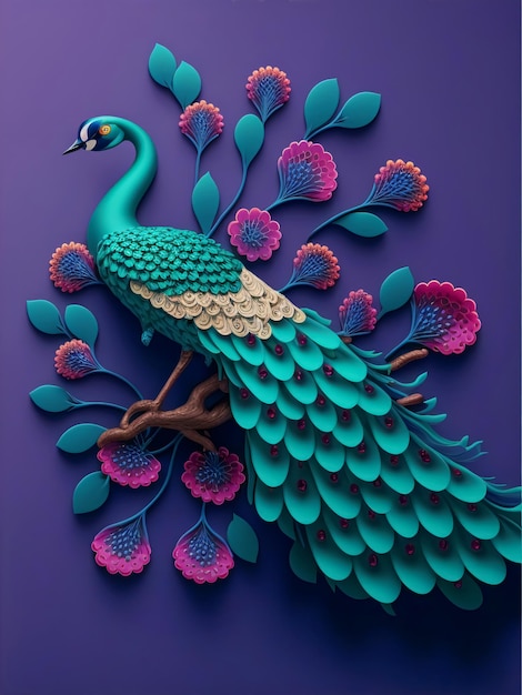 peacock on branch wallpaper. colorful flowers 3d mural background. wall canvas poster art