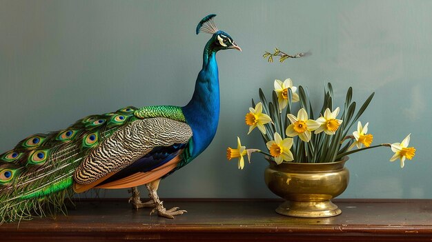 Peacock in the Brass Urn with Daffodils Isolated