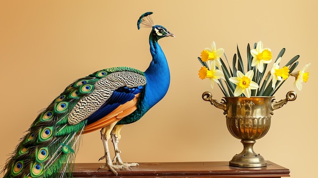 Photo peacock in brass urn with daffodils isolated