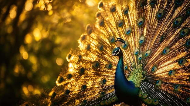 Photo peacock displaying its feathers in the golden light