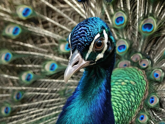 Peacock displaying its vibrant blue and green feathers in full fan