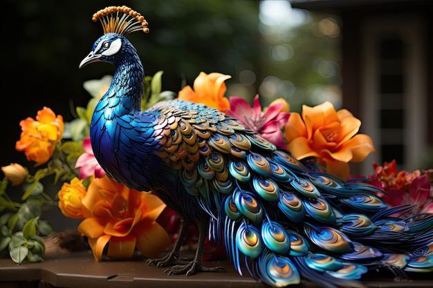 Peacock displays lush plumage in colorful garden generative IA