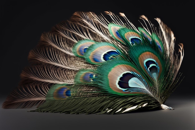 A peacock feather is displayed on a dark background.