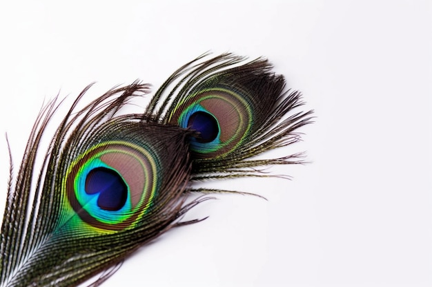 A peacock feather is laying on a white background.