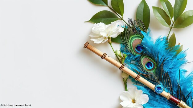 Photo peacock feather with flute on white background generative ai