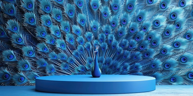 Photo peacock feathers background with a blue platform