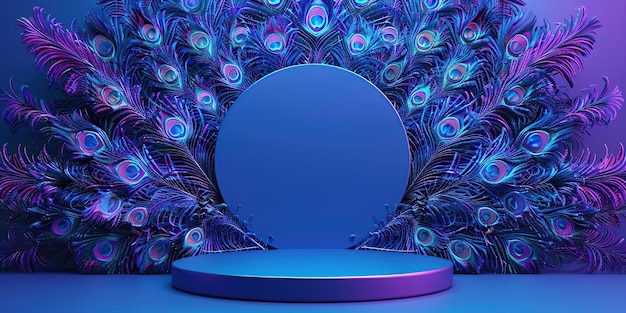 Peacock Feathers Display on Blue Background with a Podium