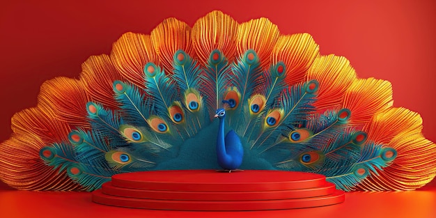 Photo peacock feathers and a red podium