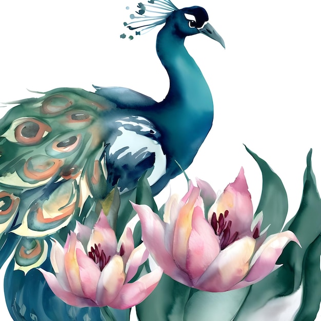 Peacock and flower watercolor on white background