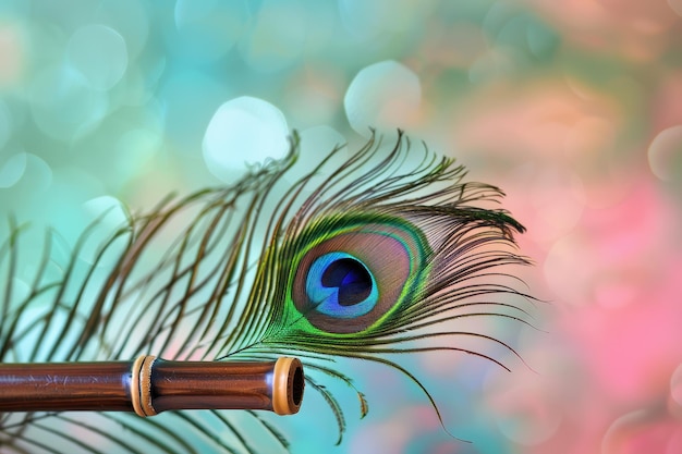 Photo peacock and flute on colorful backdrop