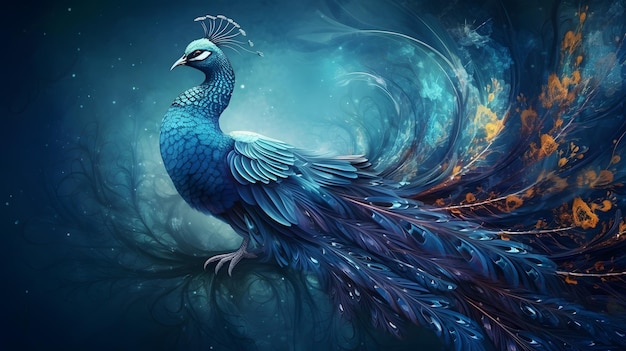 A peacock is painted on a blue background.