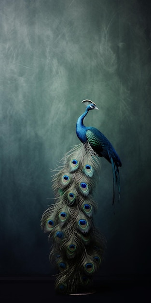 A peacock is sitting on a feather that is blue and green.