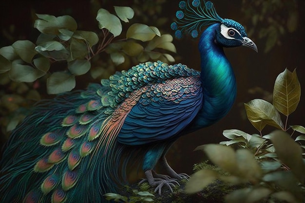 A peacock is standing on a branch with green leaves and the word peacock on it.