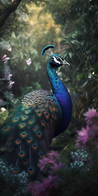 A peacock is standing in a field of flowers.