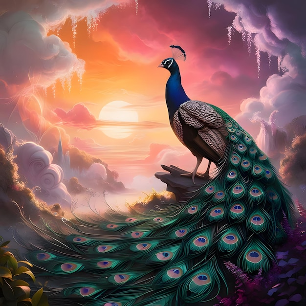 a peacock is standing on a hill with a sunset in the background