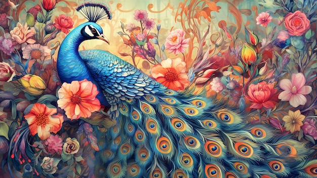 A peacock is surrounded by flowers and a bird is on the cover of a painting.