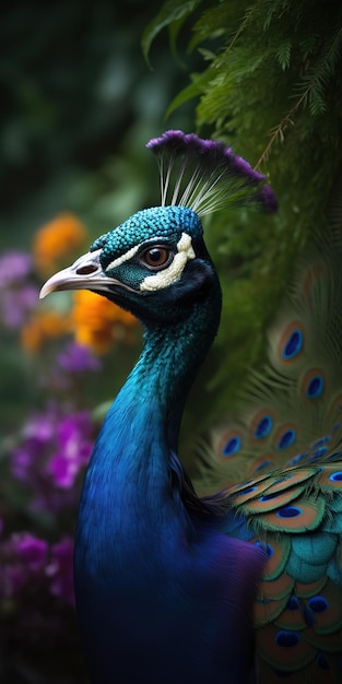 A peacock is visible and has a blue tail.