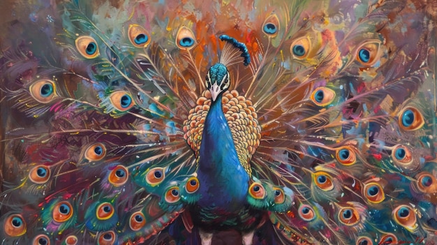 Peacock Painting with Colorful Feathers