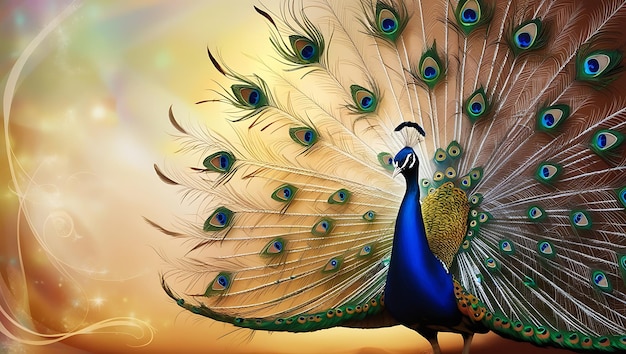 Peacock showing off vibrant feathers and plumage suitable for wildlife publications fashion design