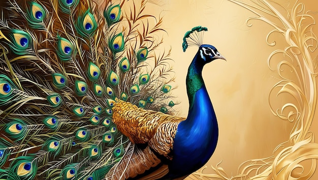 Peacock showing off vibrant feathers and plumage suitable for wildlife publications fashion design