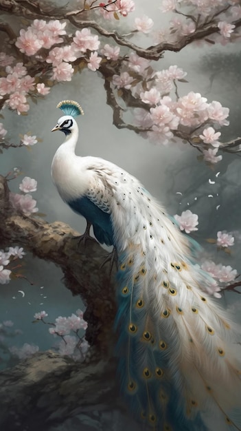 A peacock sits on a branch with flowers on it.