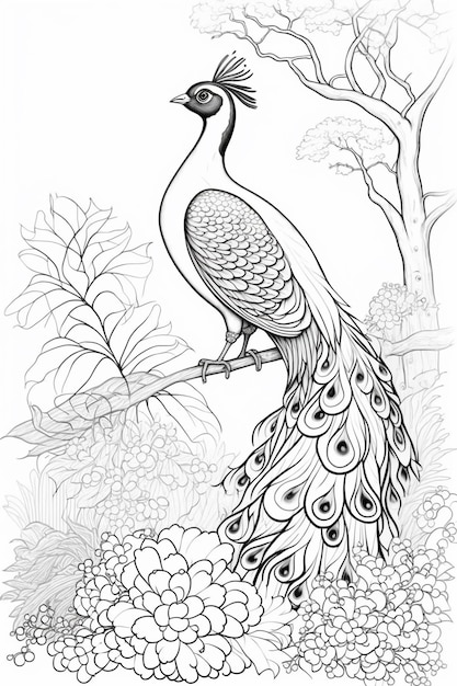 A peacock sits on a branch with flowers and leaves.