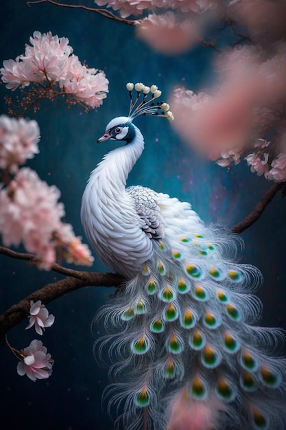 A peacock sits on a branch with flowers.