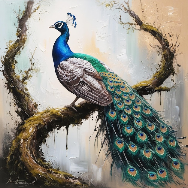 A Peacock sits on a branch