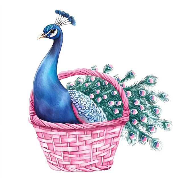 peacock sitting in a pink basket nuresery watercolor isolated on a white background