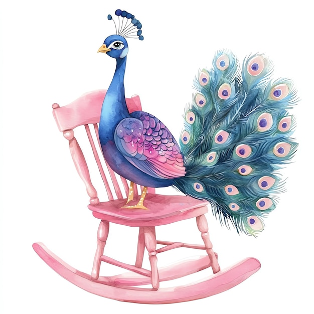 peacock sitting on a pink rocking chair nuresery watercolor