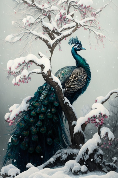 Peacock sitting on top of a snow covered tree generative ai