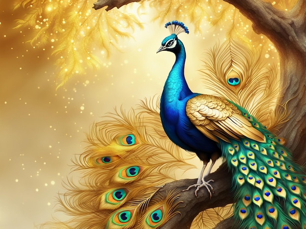 a peacock sitting on top of a tree peacock exquisite digital art golden feathers beautiful art