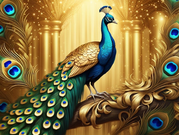 a peacock sitting on top of a tree peacock exquisite digital art golden feathers beautiful art